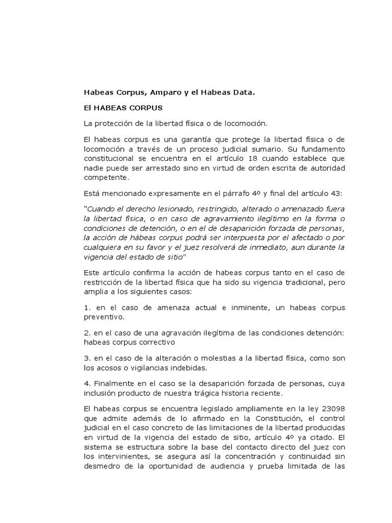 Habeas Corpus y Amparo: Protección Legal | PDF | Habeas corpus ...