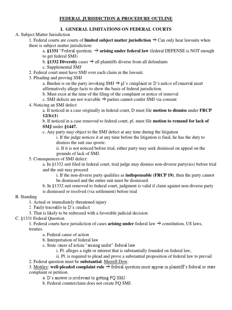 Louisiana Bar Exam Federal Jurisdiction & Procedure Outline PDF
