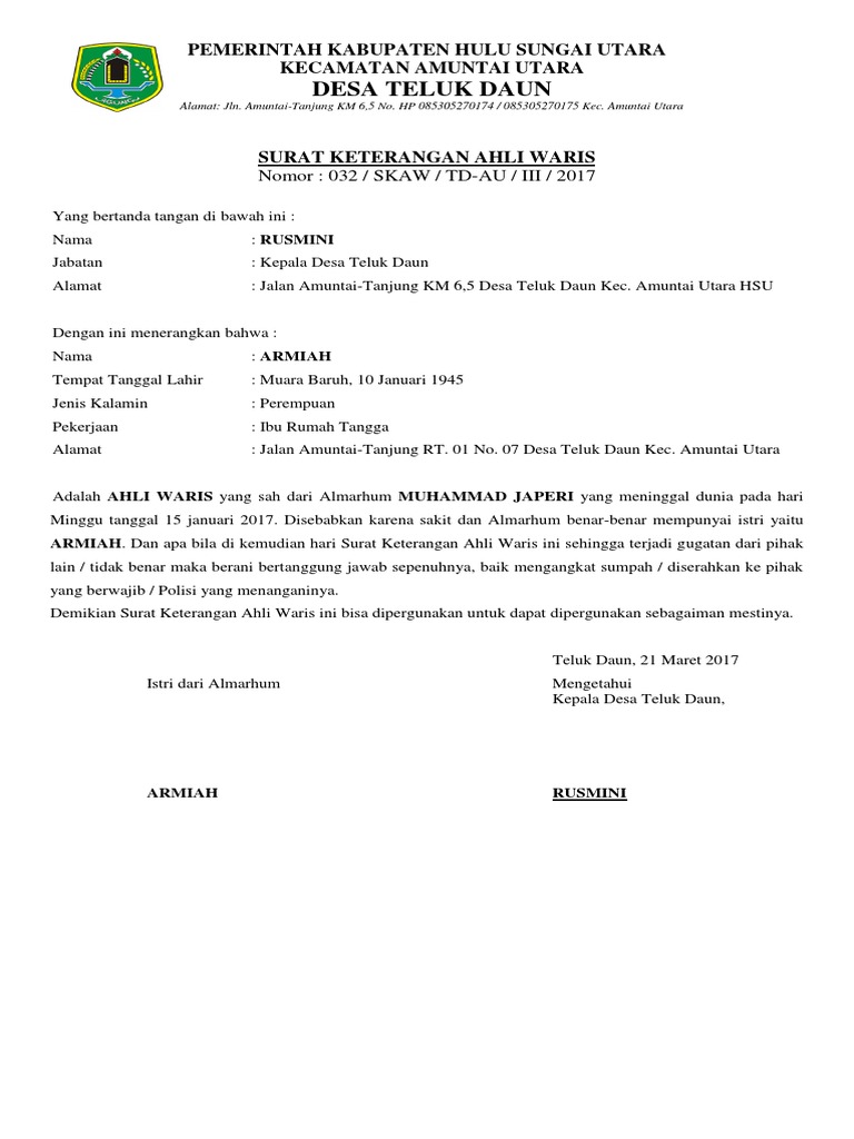 Contoh Surat Ahli Waris Rumah Nusagates