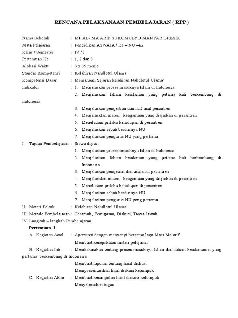 Rpp Aswaja Mi Kelas 4 5 6 K13 Revisi Sekolah