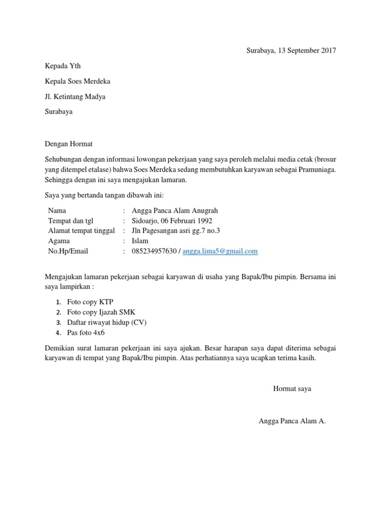 Contoh Surat Lamaran Kerja Toko Roti