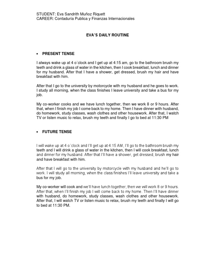 Eva's Daily Routine Explained | PDF | Meal | Eating Behaviors Of Humans