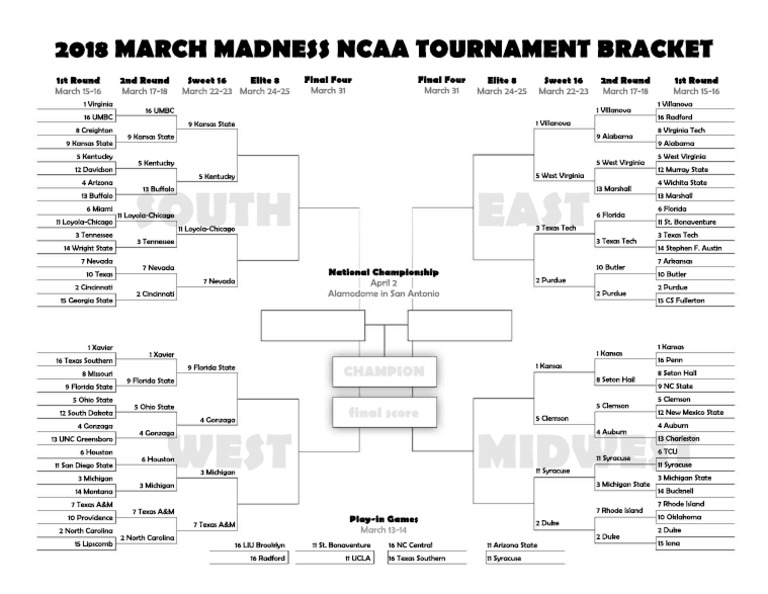 2018 ncaa tournament second chance printable bracket