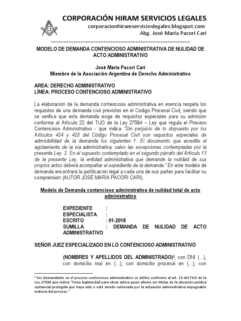 Modelo De Demanda Contencioso Administrativa De Nulidad De Acto Administrativo Autor Jose Maria Pacori Cari Pdf Nulo Ley Demanda Judicial