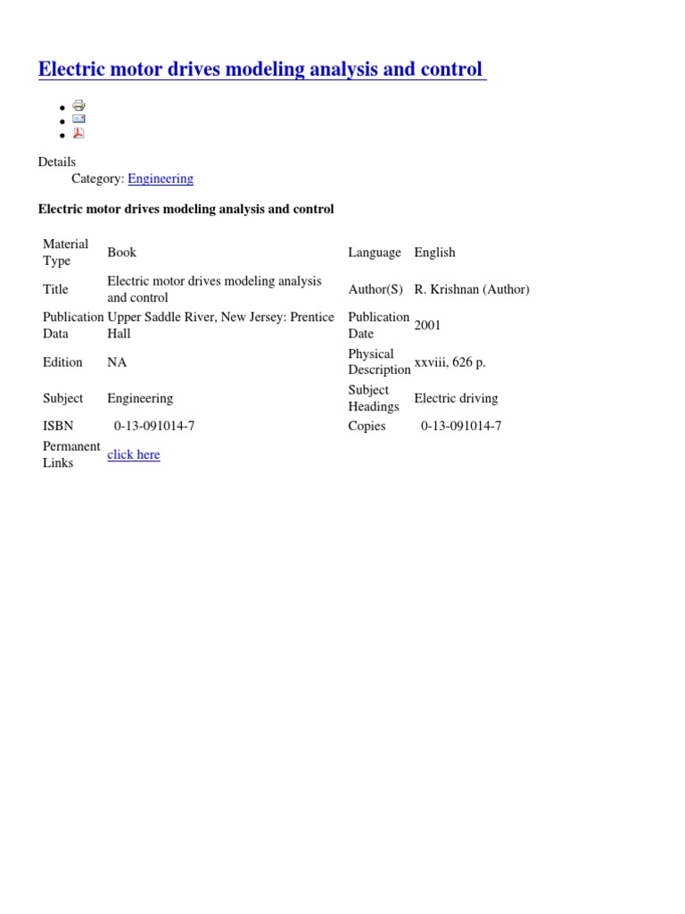 Electric Motor Drives Modeling Analysis and Control Engineering PDF