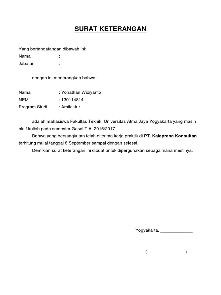 Surat Pernyataan Diterima Kerja Praktek