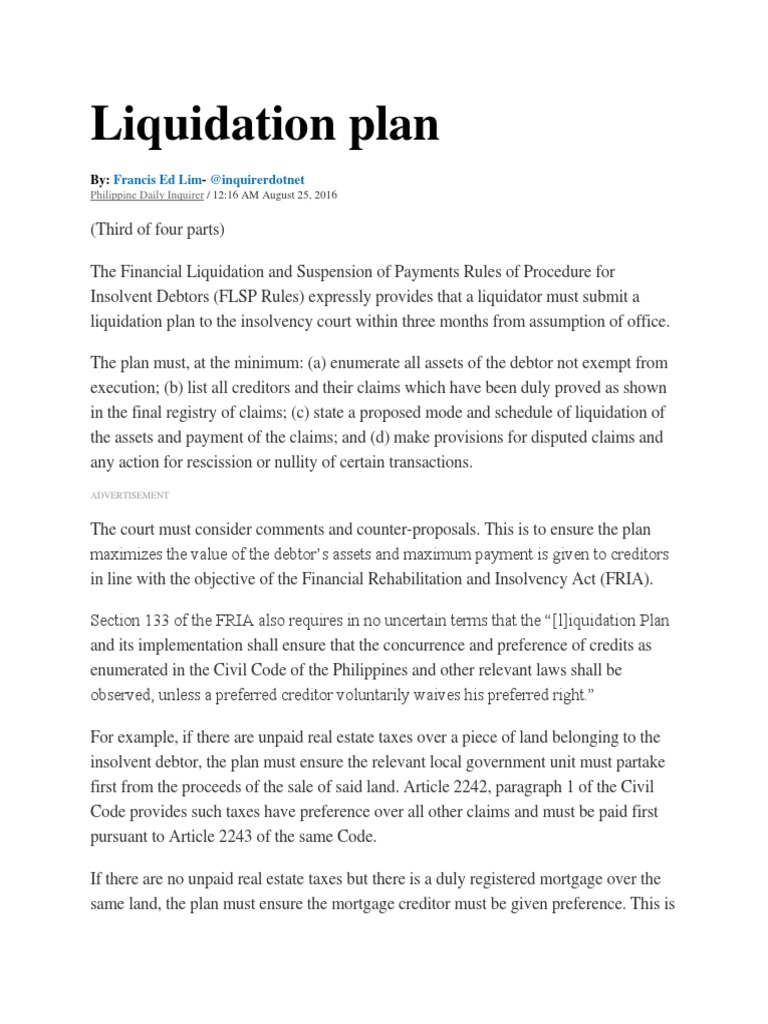 Liquidation Plan | PDF | Mortgage Law | Liquidation