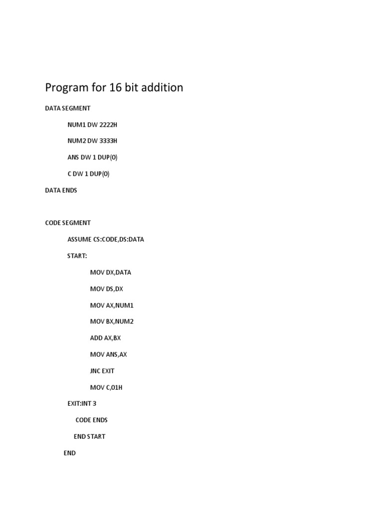 8086 16-Bit Add/Sub Program | PDF