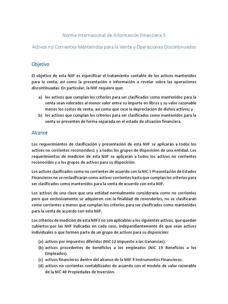 NIIF 5: Activos Mantenidos para Venta | PDF | normas internacionales de ...