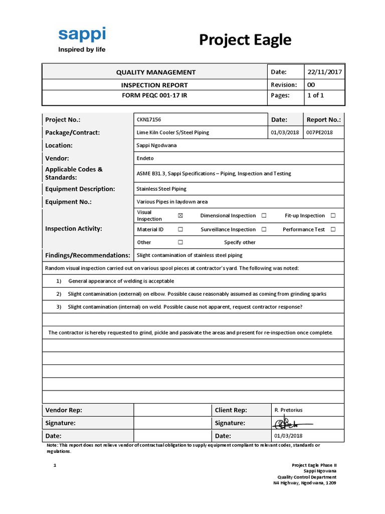 Eagle Phase II Inspection Report | PDF | Pipe (Fluid Conveyance ...