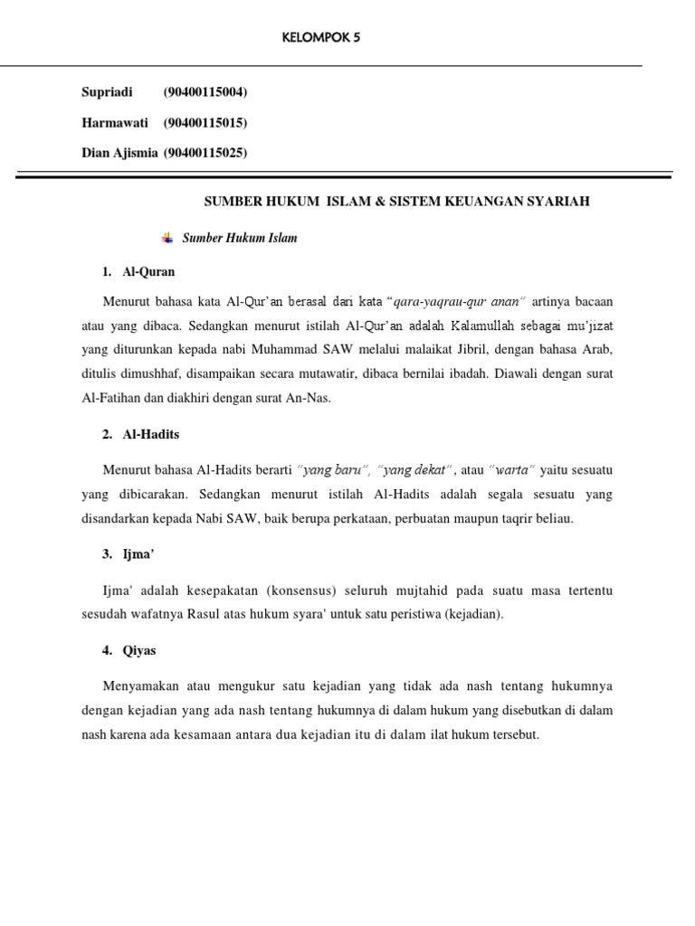 Makalah Akuntansi Syariah Sumber Hukum Islam Dan Konsep Keuangan Syariah Pdf