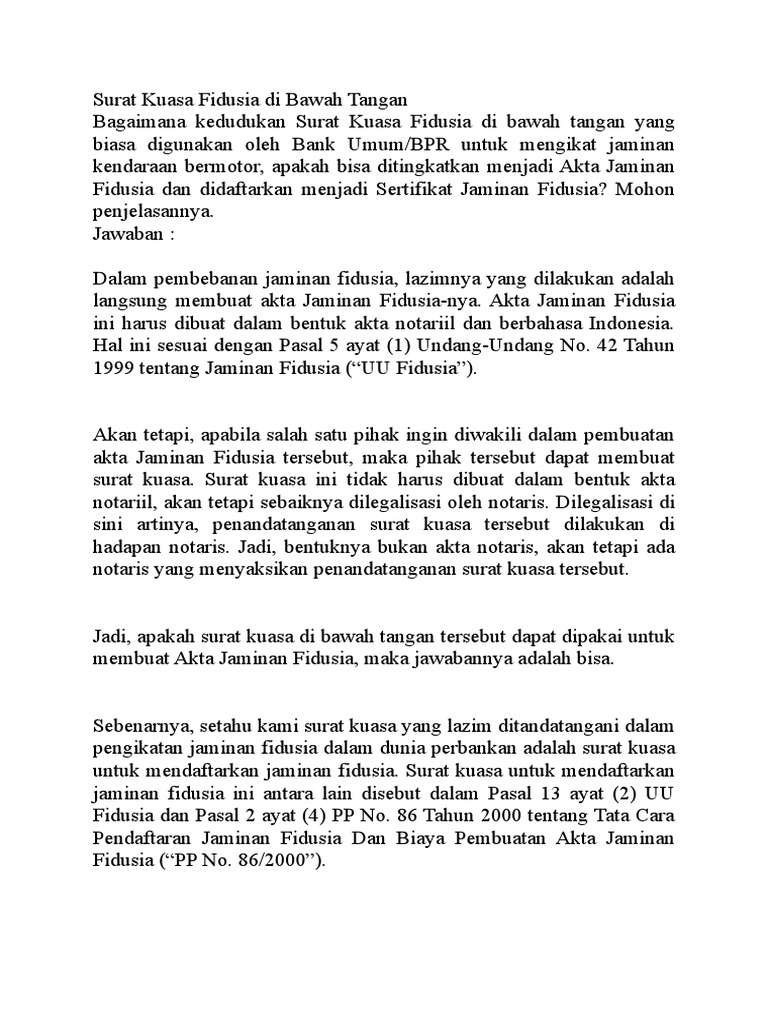 Surat Kuasa Fidusia Di Bawah Tangan