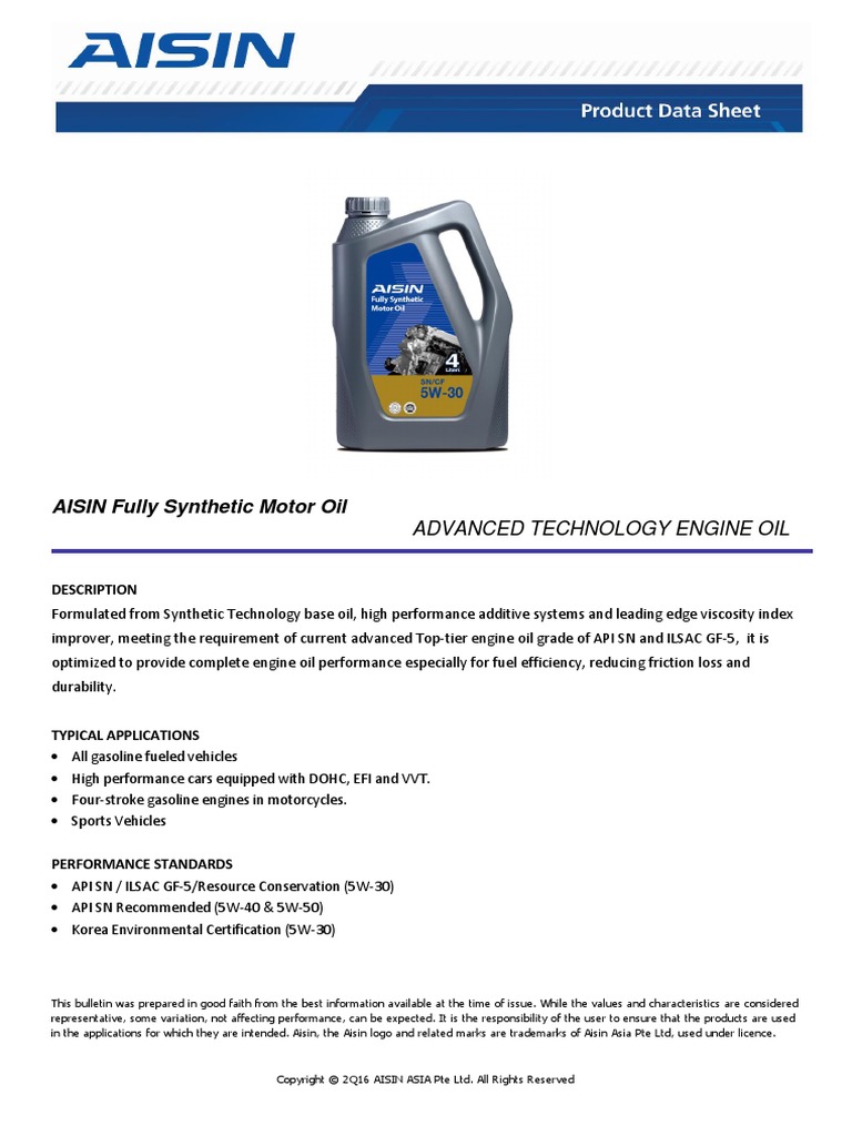 AISIN Fully Synthetic Motor Oil SN 5W 30-40-50 Product Datasheet | PDF ...
