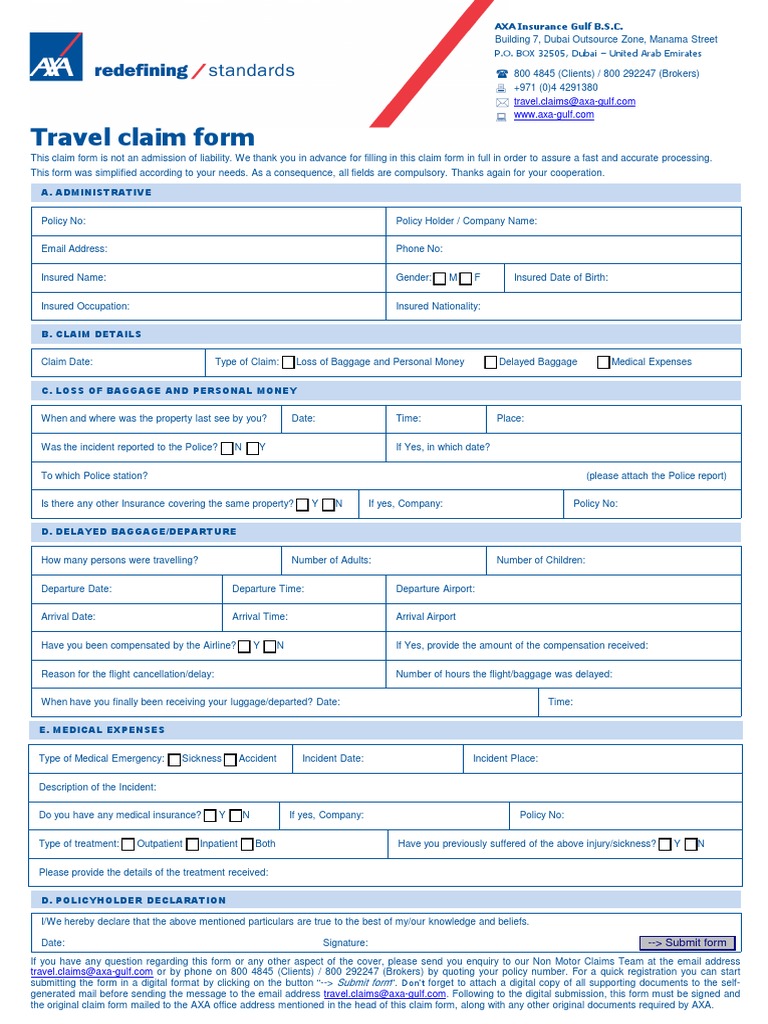 Axa Travel Claims Form Uae 1.1 PDF Baggage Insurance