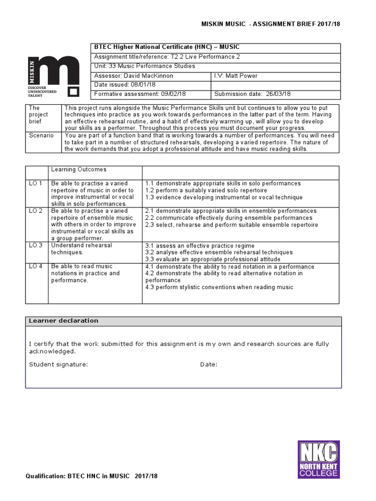 HNC Music Performance Assignment Brief | PDF | Creativity | Design