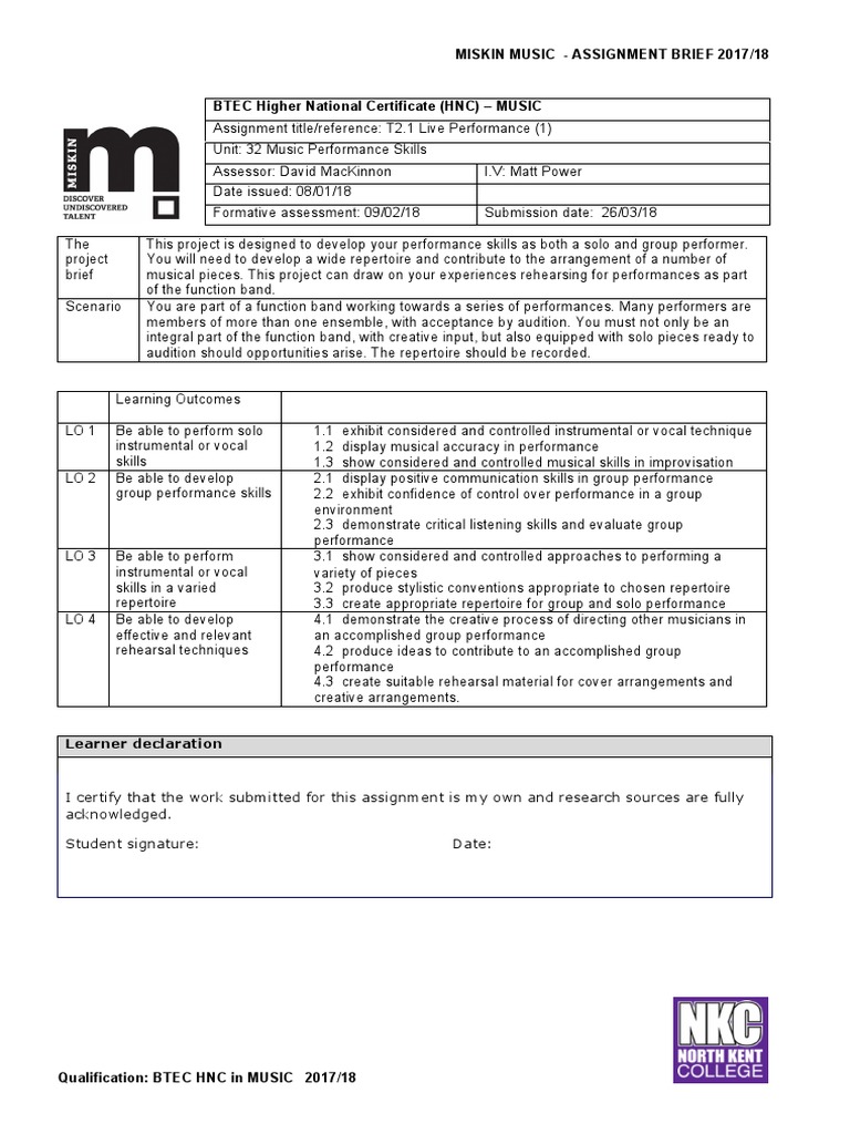HNC Music Performance Skills Assignment | PDF | Audition | Creativity