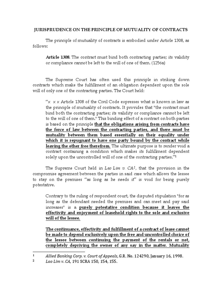 Mutuality of Contracts in Philippine Law | PDF | Lease | Private Law