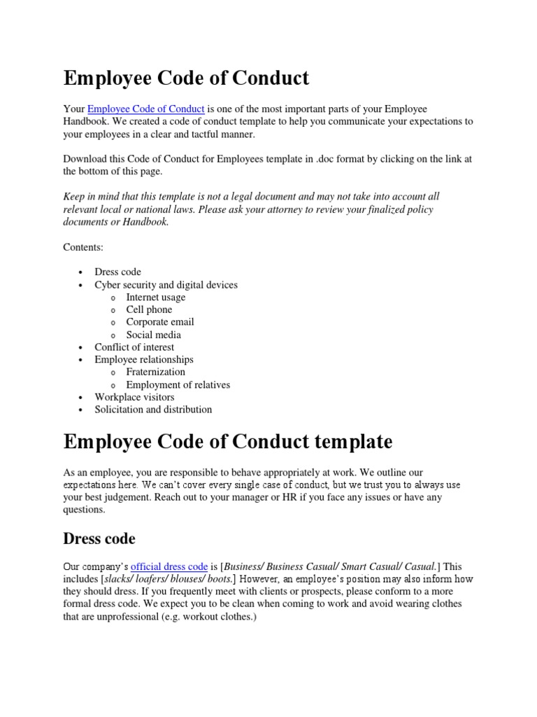 Employee Code Of Conduct Employment Social Media