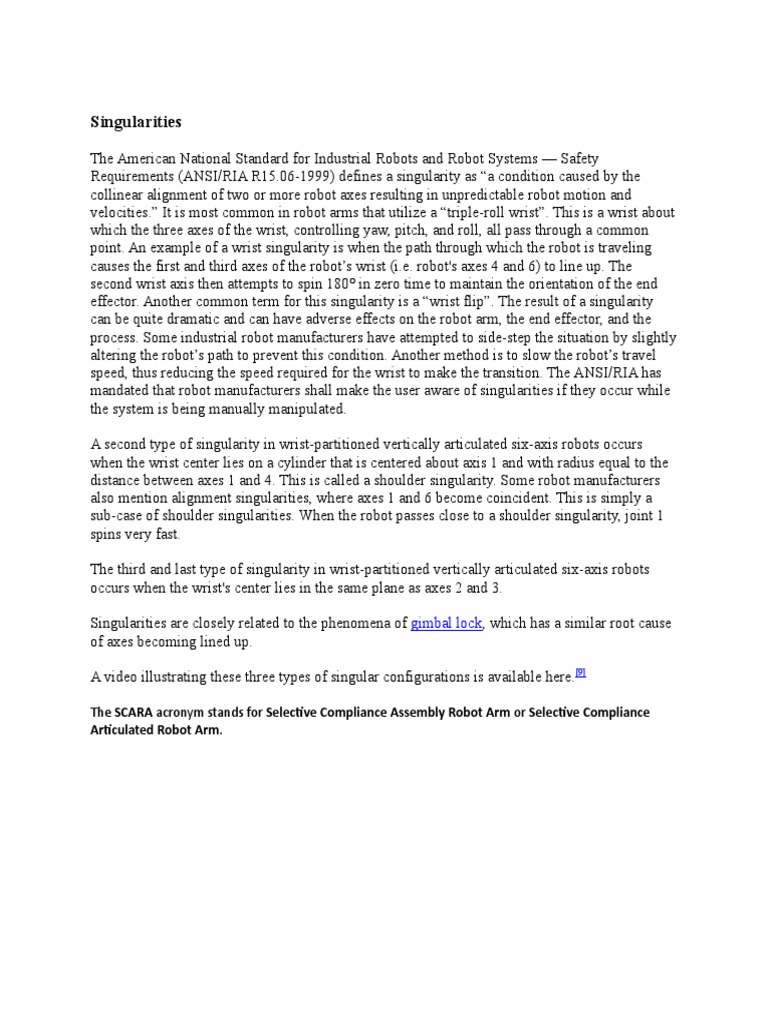 Singularities The SCARA Acronym Stands For Selective Compliance