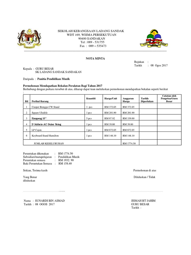 Nota Minta Panitia Muzik Pdf