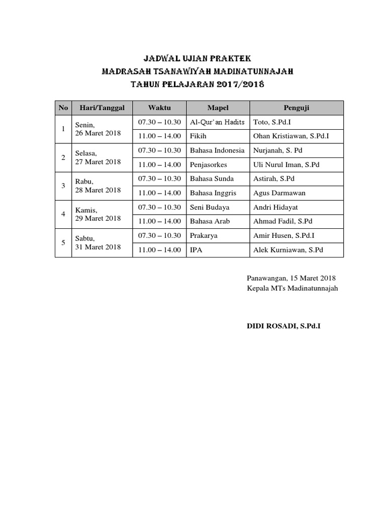 Jadwal Ujian Praktek Mts Pdf