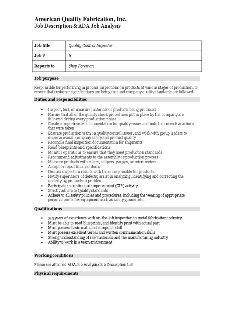 AQF Quality Control Inspector PDF Quality (Business) Safety