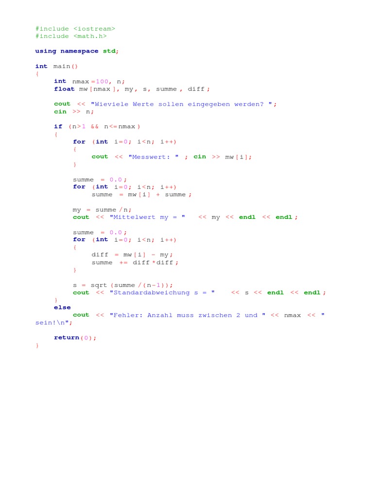 Main Nmax N MW Nmax My S Summe Diff: Using Namespace Int | PDF ...