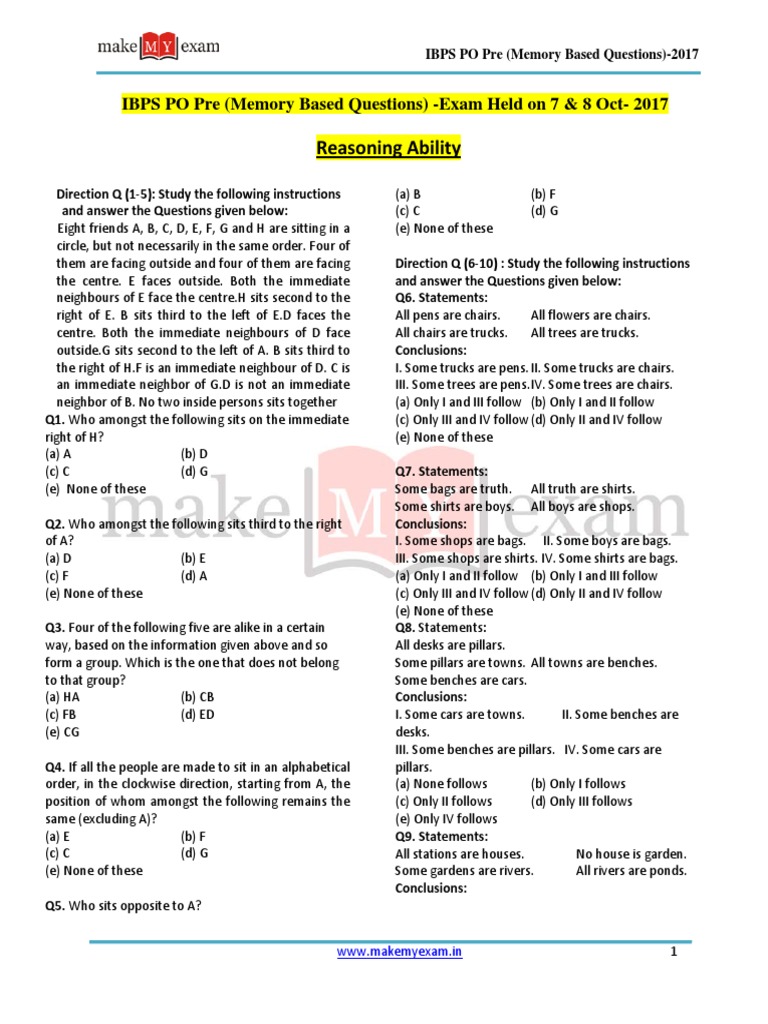 Reasoning Memory Based Questions For IBPS PO Pre 2017 | PDF