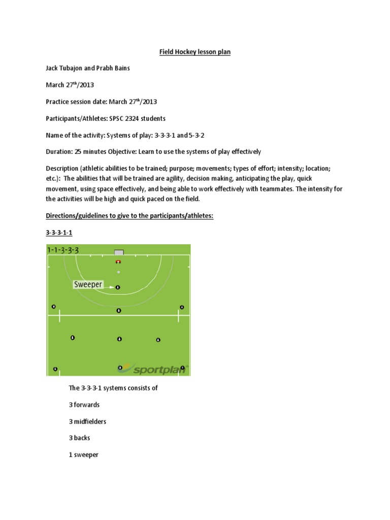 Field Hockey Lesson Plan: Systems of Play | PDF | Ball Games | Team Sports