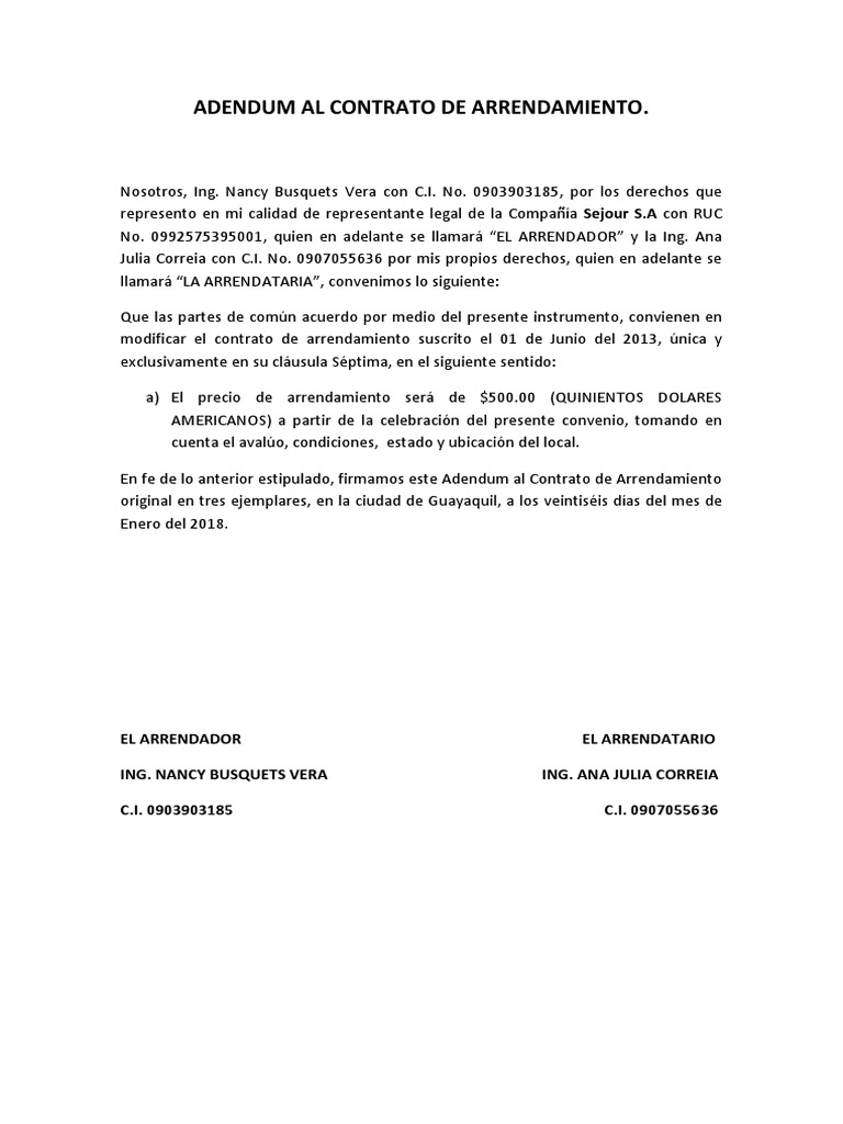 Adendum Al Contrato de Arrendamiento