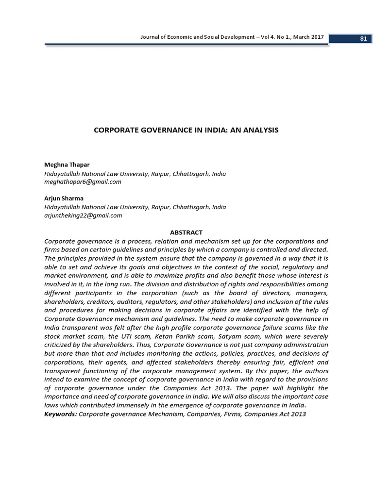 Corporate Governance Analysis in India | PDF | Corporate Governance ...