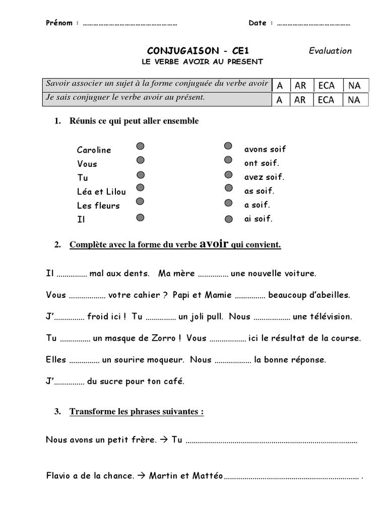 évaluation être Et Avoir Au Présent Ce1 Pdf Eval Avoir Present CE1 MA | PDF