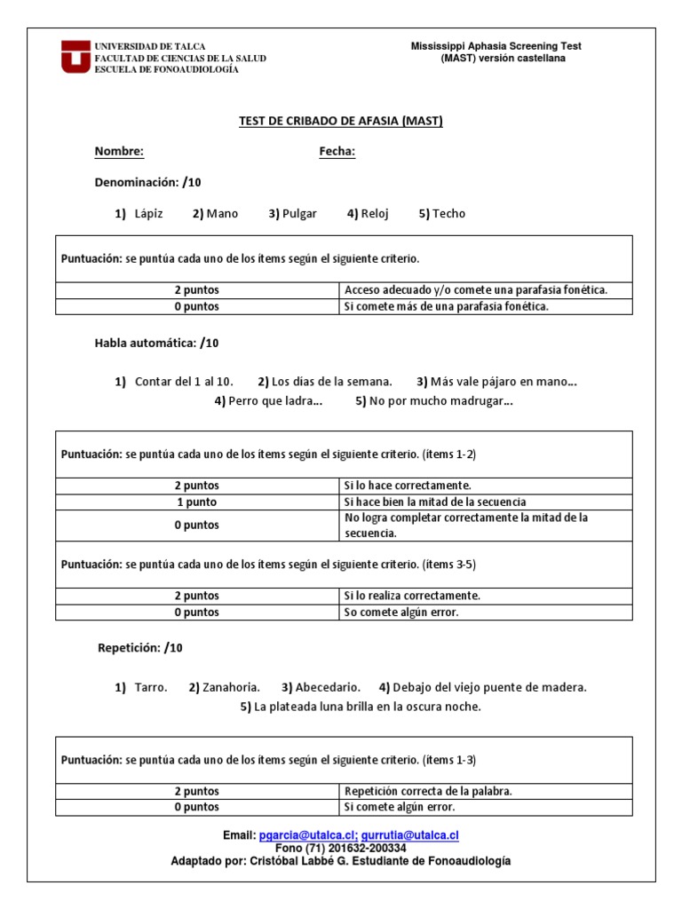 Test de Afasia MAST en Español | PDF | Artes del Lenguaje y Comunicación