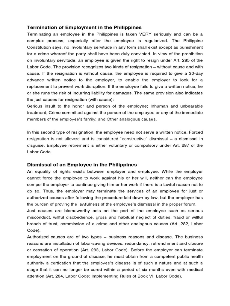 Termination of Employment in the Philippines Arbitration Employment