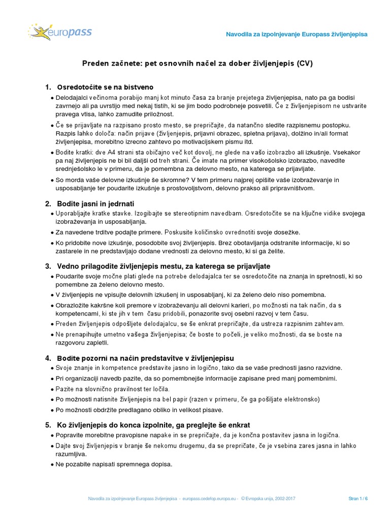 Europass CV Instructions SL PDF