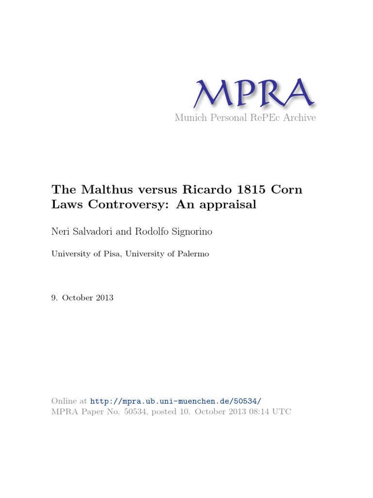 The Malthus Versus Ricardo 1815 Corn Laws Controversy An Appraisal