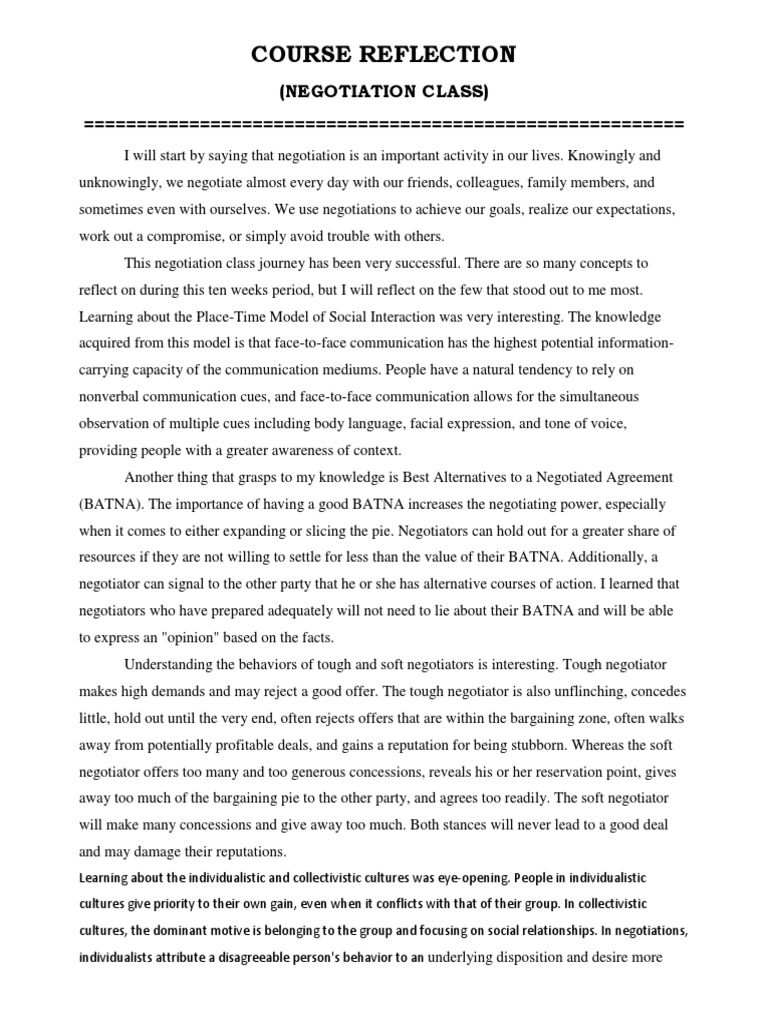 Course Reflection | PDF | Negotiation | Norm (Social)