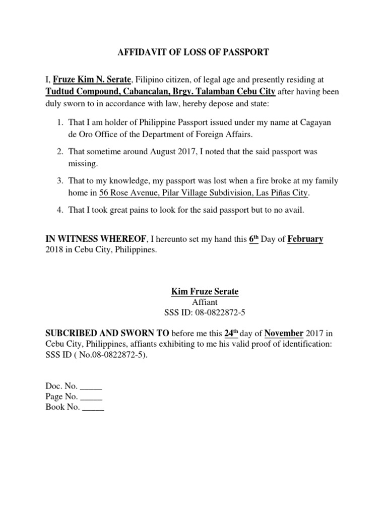 Affidavit of Loss Passport PDF