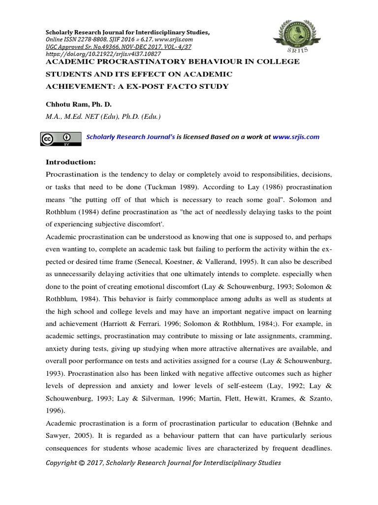 Academic Procrastinatory Behaviour in College Students and Its Effect ...