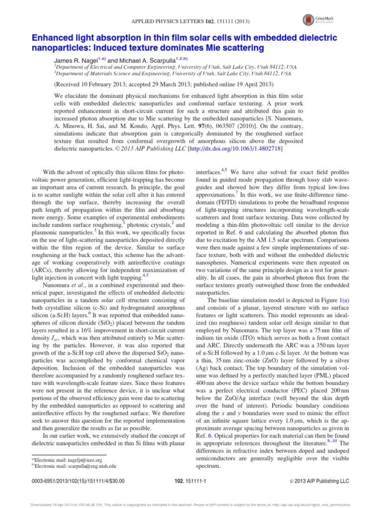 Enhanced Light Absorption in Thin Film Solar Cells With Embedded ...