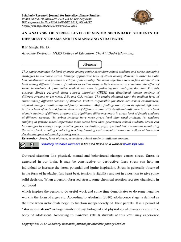 An Analysis of Stress Level of Senior Secondary Students of Different ...