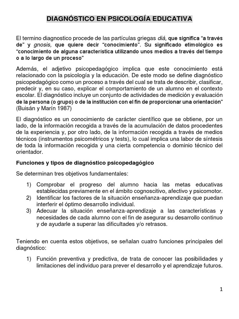 Diagnóstico En Psicología Educativa Funciones y tipos de