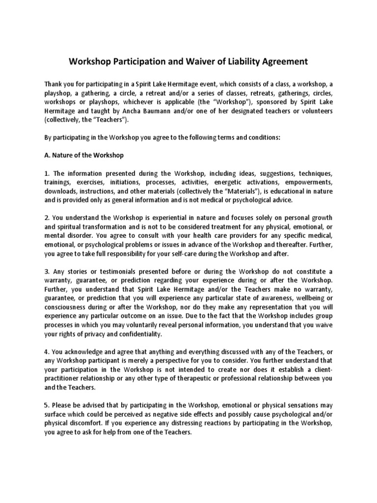 Workshop Participation and Waiver of Liability Agreement | PDF ...