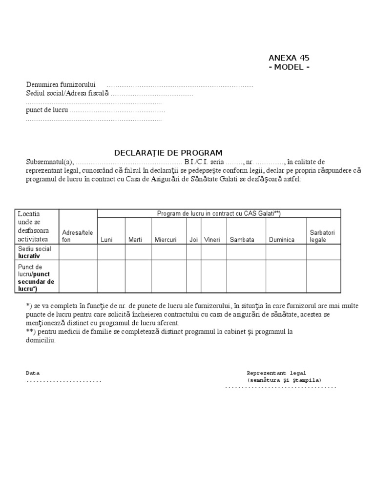 Model Program de Lucru - ANEXA 45 | PDF