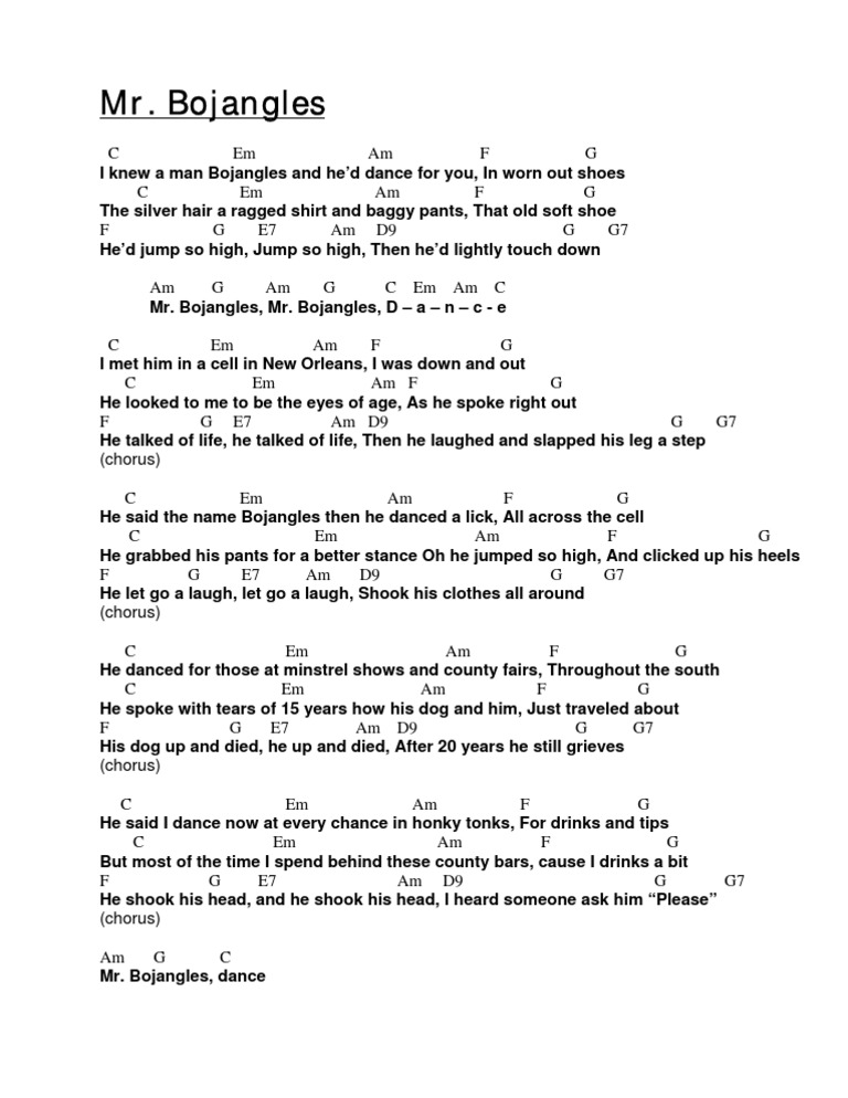 MR Bojangles Chords PDF Entertainment (General) Leisure