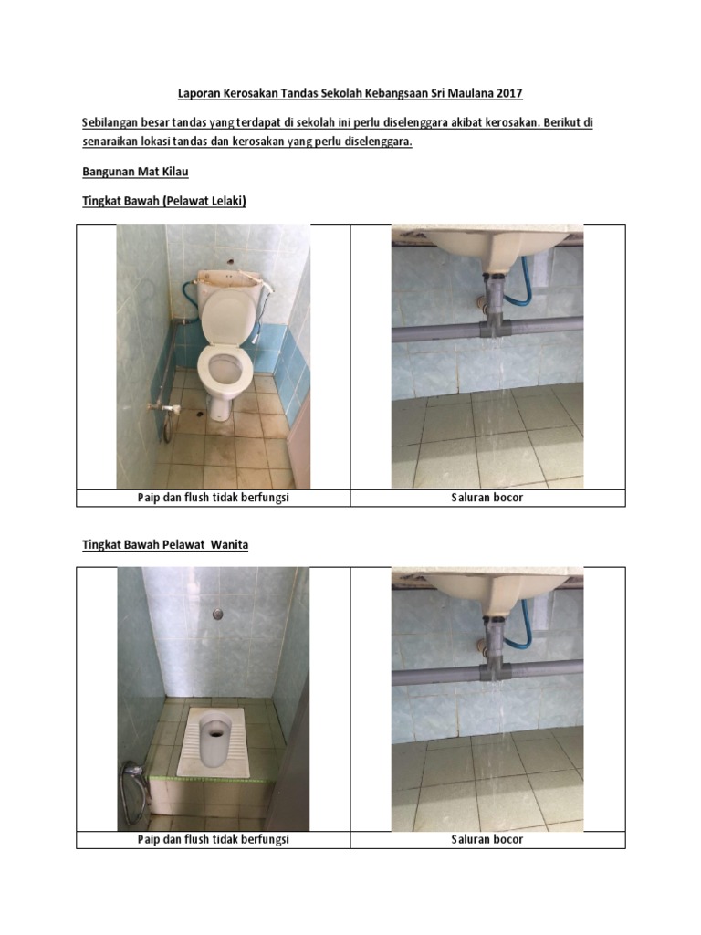 Laporan Kerosakan Tandas Sekolah Kebangsaan Sri Maulana 2017 | PDF