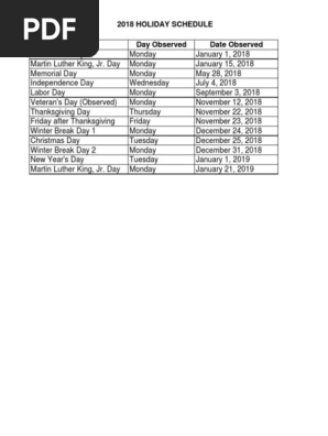 Holiday Schedule 2018