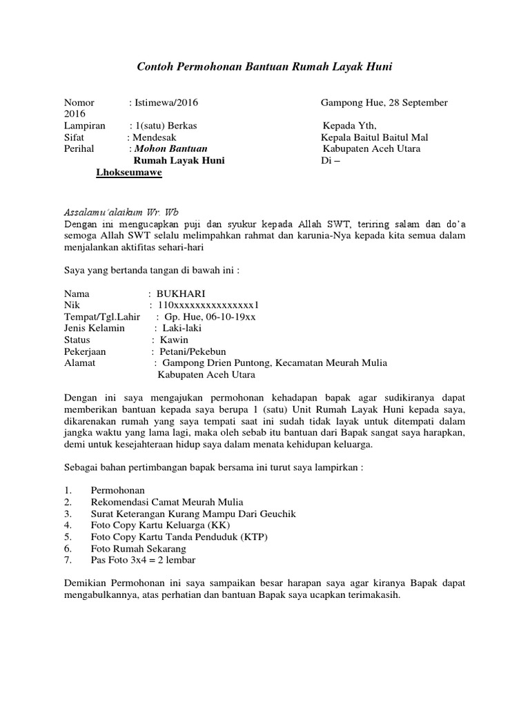Contoh Permohonan Bantuan Rumah Layak Huni Pdf