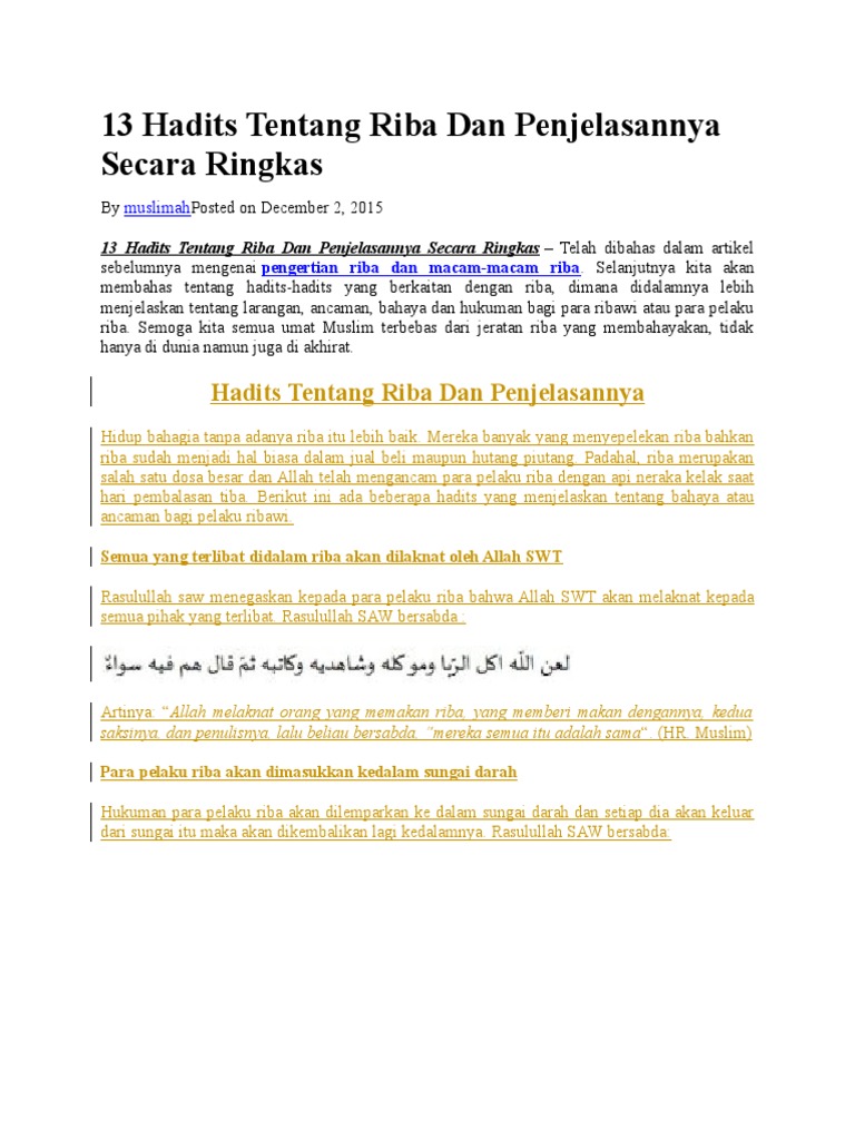 13 Hadits Tentang Larangan Riba | PDF