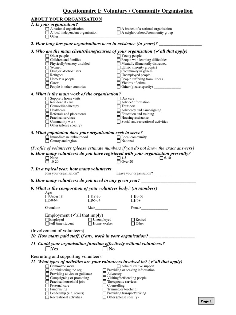 Community Organization Volunteer Questionnaire | PDF | Volunteering ...